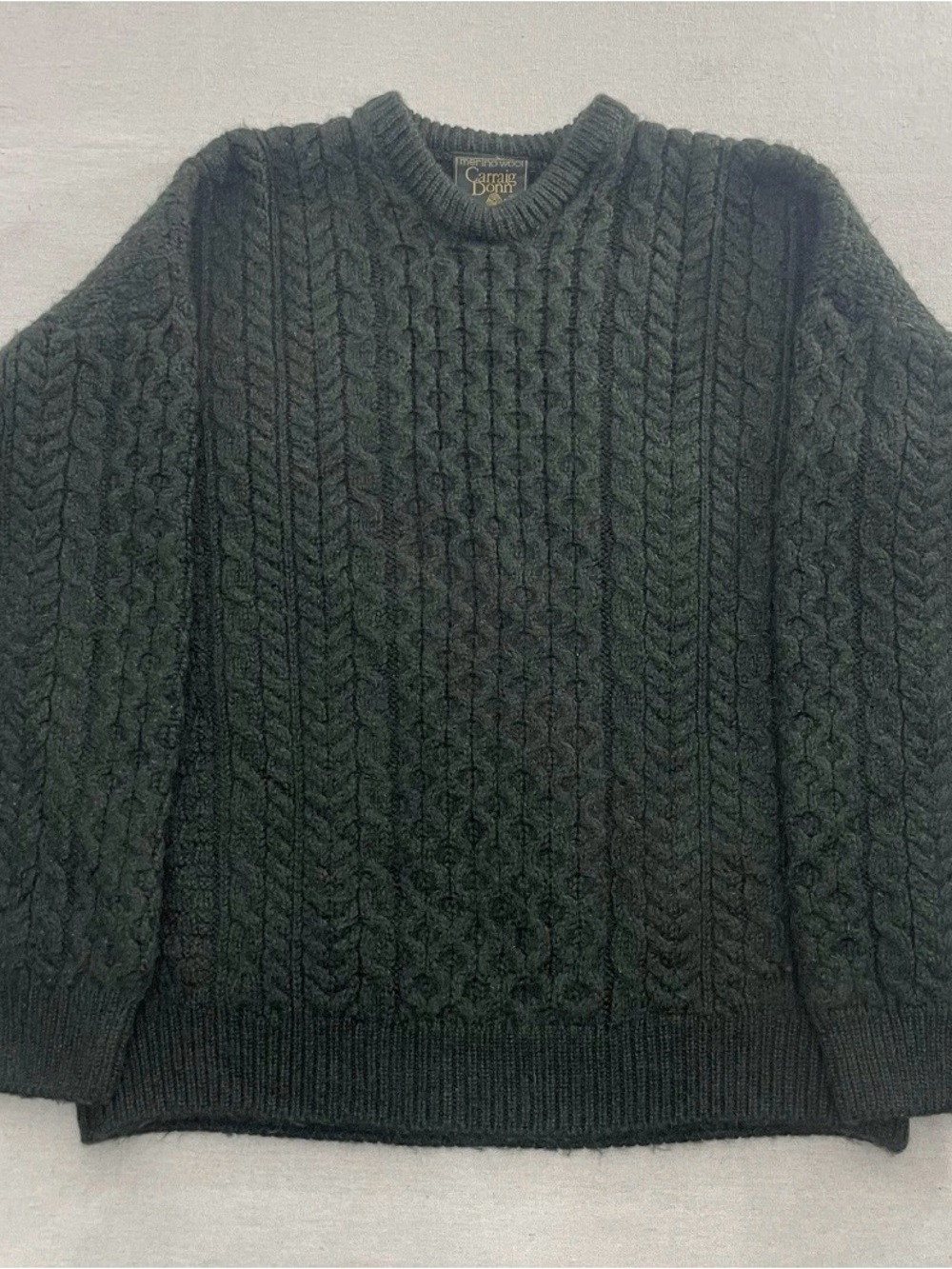 Carraig Donn Men's Sweater Olive Green Merino Wool Cable Knit Ireland Size Large